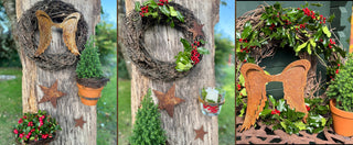 Rostdeko für Herbst und Winter: Engelflügel, Sterne, Kranz und Topfhalter an Holzpfählen